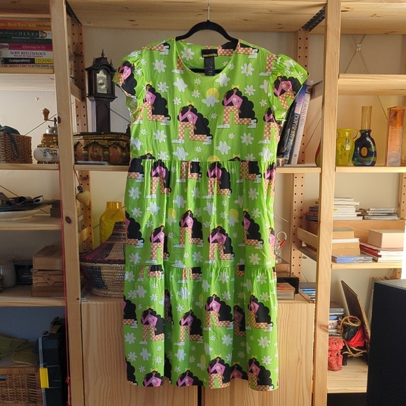Nooworks Dresses & Skirts - Nooworks Bright Lime Green Novelty Midi Dress with Black & Pink Motif